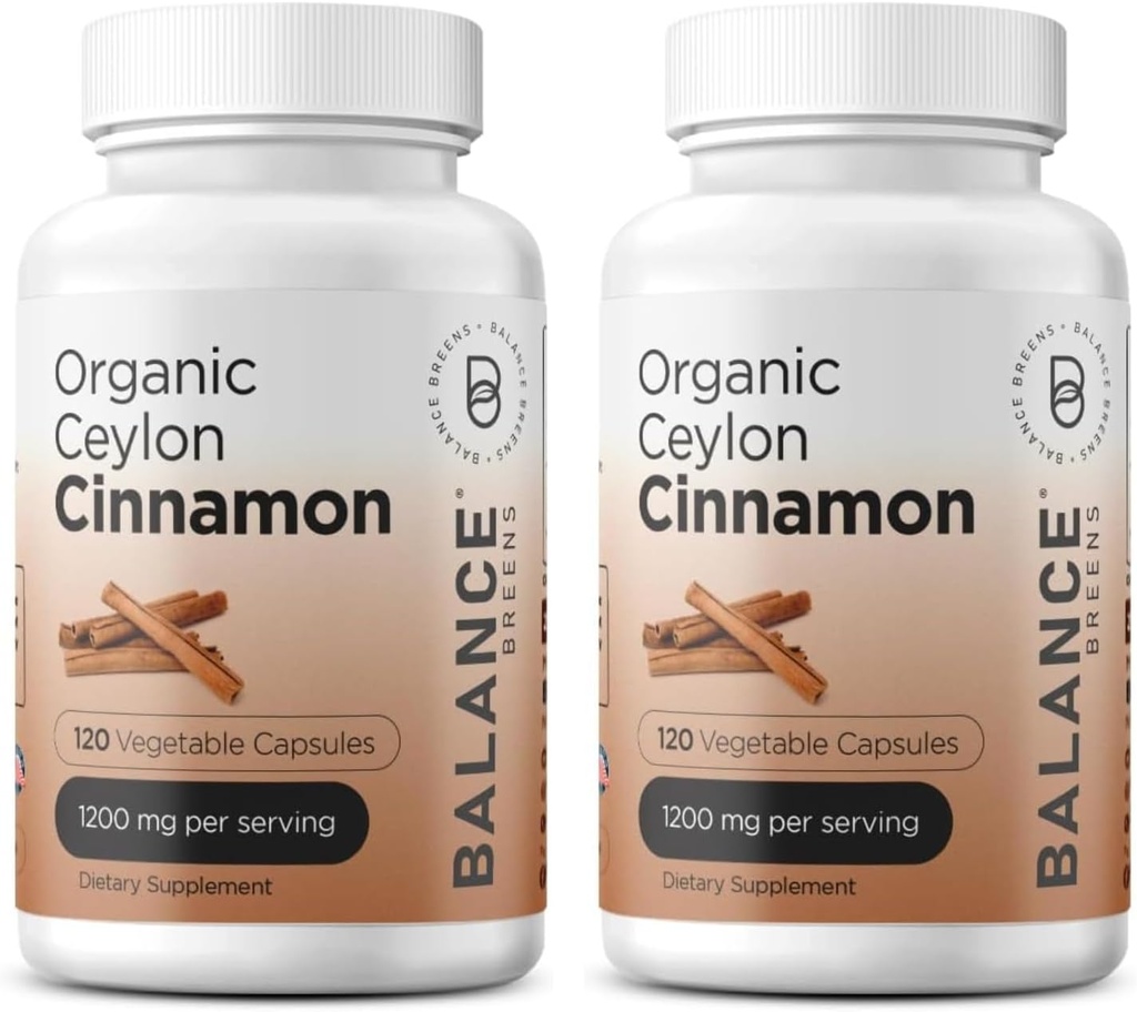 Balancebreens Certified Organic Ceilão Canela 1200mg Suplemento - 120 Veg Cápsulas - Coração, Cérebro e Função Conjunta Suporte - Sem comprimidos de enchimento (Pack of 2)