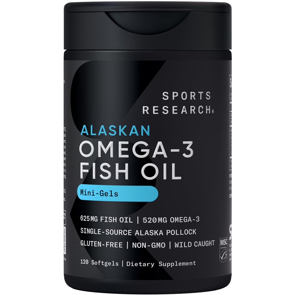 Esportes Pesquisa Peixe Óleo Mini-Softgels - Fácil de engolir ácidos gordos Omega-3 de Wild Caught Alaska Pollock - 625mg, 120 Softgels
