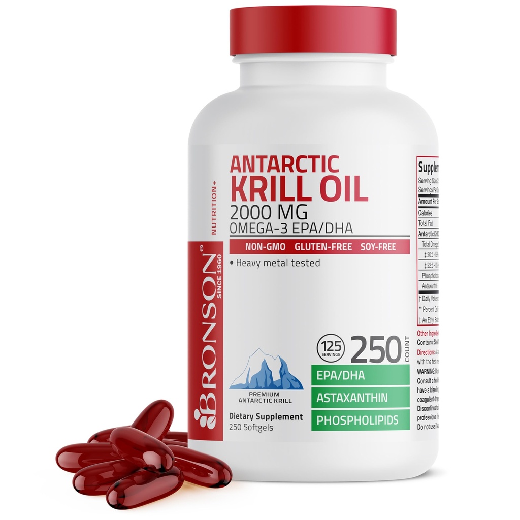 Bronson Antártico Krill Oil 2000 mg com Omega-3s EPA, DHA, Astaxantina e Fosfolipídios, 250 Softgels (125 Servings)