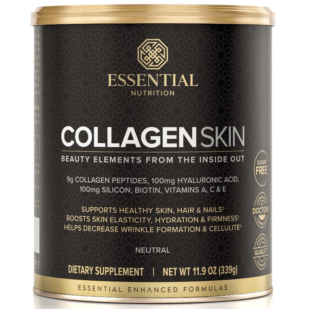 Pele de Colágeno Nutricional Essencial - Peptídeos de Colágeno Hidrolisado, com Ácido Hialurônico, Silício & Biotina - Cabelo, Pele & Unhas - Neutro - 11.9 oz (30 Servos)