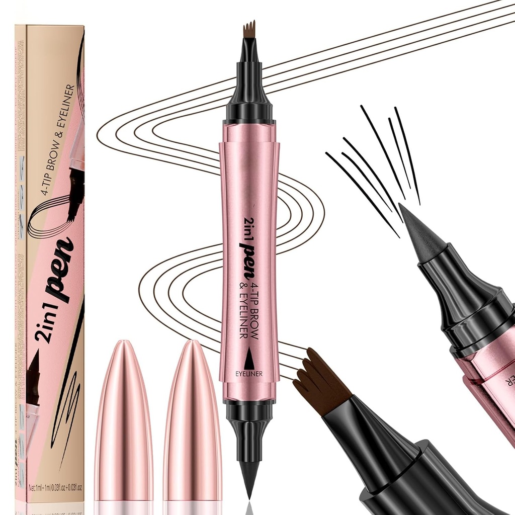 Q710 2in1pen,4-Tip Brow pen & Eyeliner, design com acabamento duplo, maquiagem de sobrancelha selvagem, caneta microblading sobrancelha, à prova de água,Soft nib,Com um golpe suave(2#Dark Brown)