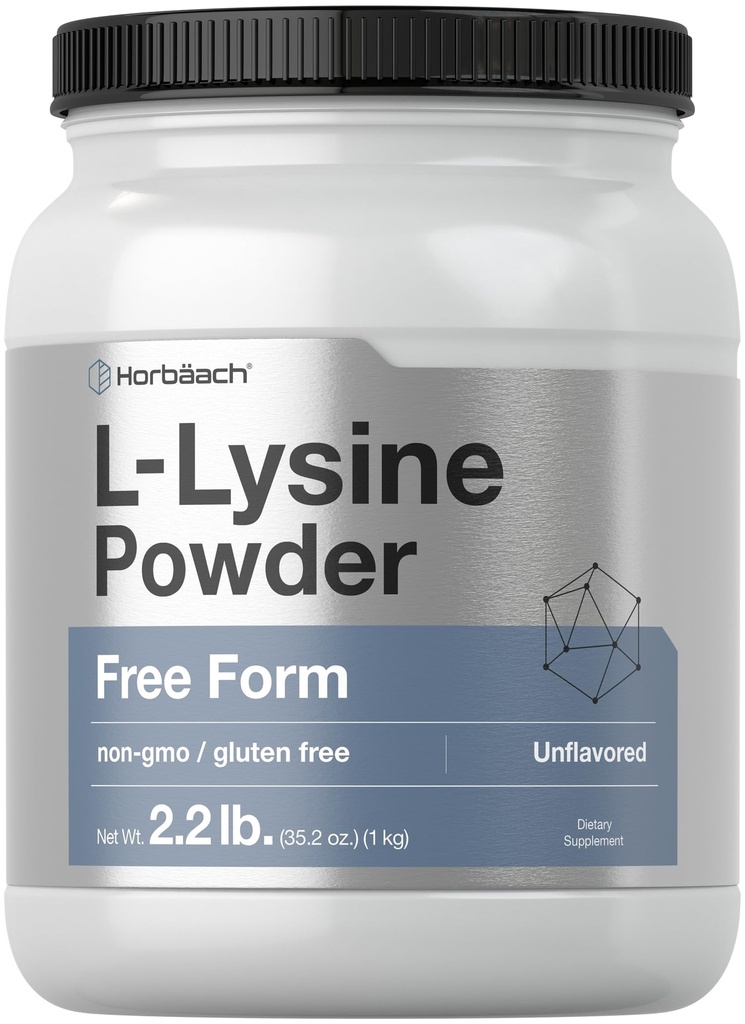 Horbäach L-Lysine Powder - 2,2 lbs - Suplemento de formulário grátis sem sabor - Vegetariano, Não-GMO, Fórmula sem glúten