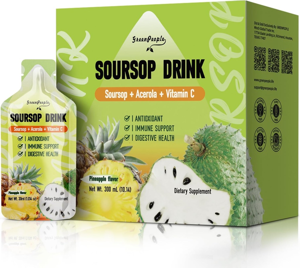 GREENPEOPLE Soursop & Acerola Liquid Supplement Drink, Soursop Bitters Liquid, Imune Boosting Vitamina C Drink, Absorção rápida, Vegan, Não-GMO, 10 pacotes