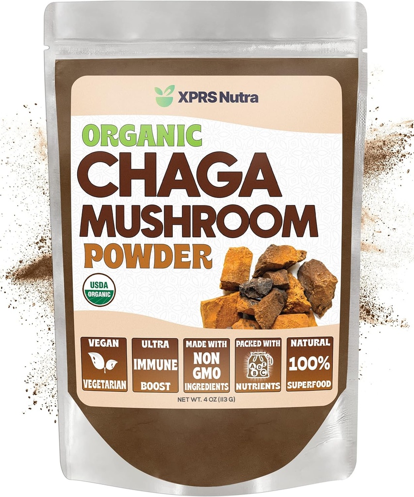 XPRS Nutra Organic Chaga Mushroom Powder - Premium USDA Organic Chaga Mushrooms Powder - Chaga Powder for Immunity - Vegan Friendly Superfood para Chaga chá e bebidas (4 Ounce)