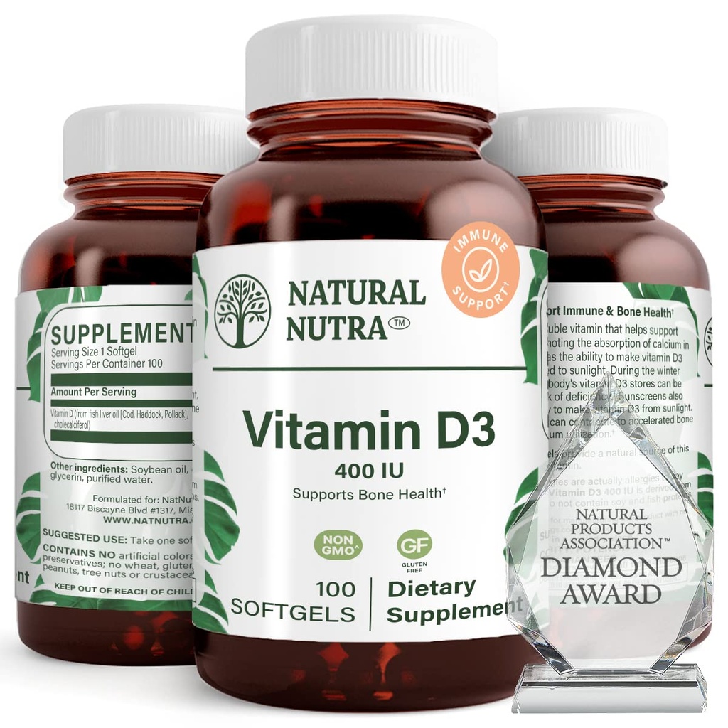 Natural Nutra Supreme Vitamina D3 400 UI Softgels, ajuda a aumentar a imunidade, apoiar a saúde dos pulmões, Sunshine Vitamina, ajuda a melhorar a saúde cardiovascular, força óssea e dentes, sem glúten, 100 Softgels