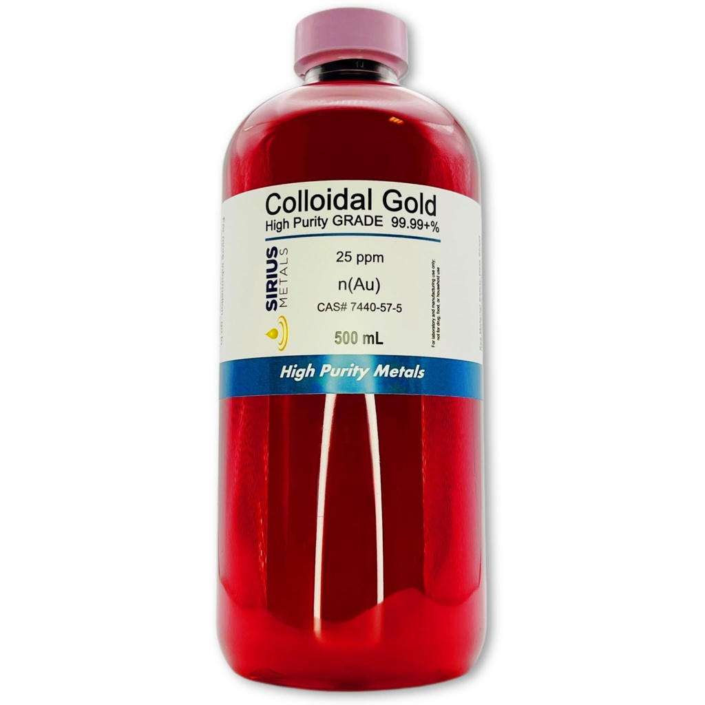 Verdadeiro ouro coloidal – 25 ppm - 99,99 + % Pureza - 500 ml (16.9 Fl Oz) em garrafa de plástico transparente BPA-Free - Made in USA