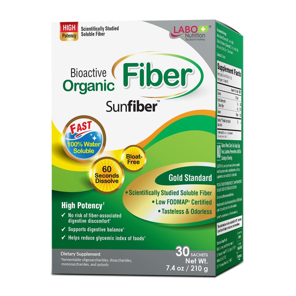 LABO Nutrition Bioactive Organic Fiber – Sunfiber PHGG Solúvel Prebiótico Fibra para Regularidade Digestiva & Gut Saúde – Parcialmente hidrolisado Guar Gum, Baixo FODMAP, Sem sabor, Vegan, Não-GMO, 30 Sachets