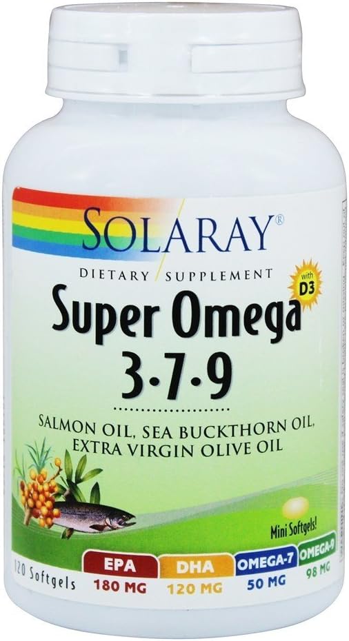 Solaray Super Omega 3-7-9 com Vitamina D-3 e óleo de salmão, 120 Softgels