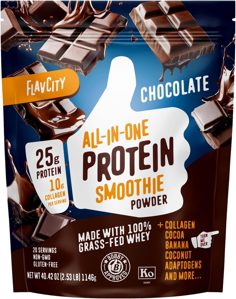FlavCity Grass Fed Whey Chocolate Protein Powder - 25g Proteína & 10g Colágeno - Feito com Cacau Orgânico, Bananas & Leite de coco - Gluten Free & No Added Sugars (20 Servings)