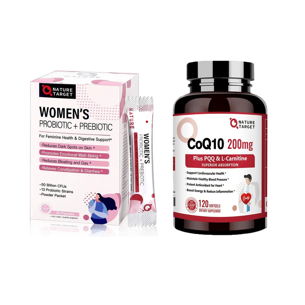 NATUREZA TARGET Probióticos Pó Suplemento para Mulheres & CoQ10-200mg com PQQ L-Carnitina & Omega-3s alta absorção