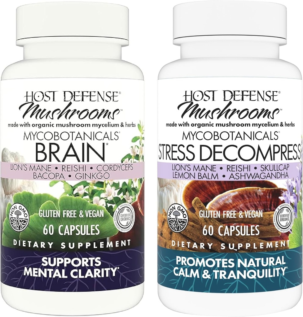 Host Defense Bundle com MycoBotanicals Brain* Cápsulas, 60 Count & MycoBotanicals Stress Descompress* Cápsulas, 60 Count - Suporte Memória & Focus - Suporte Relaxação*