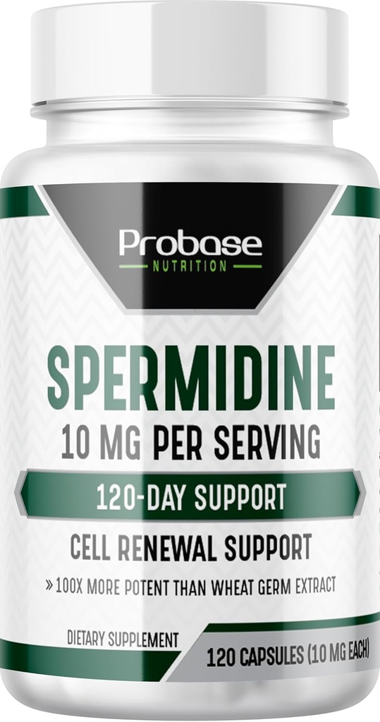 Probase Nutrition Spermidina (10mg de 99% Espermidina 3HCL - Teste de Terceiros) 120 Cápsulas - 100x mais potentes do que o extrato de germe de trigo, saúde de telomero e fornecimento de 120 dias de envelhecimento - Tão eficiente quanto NMN