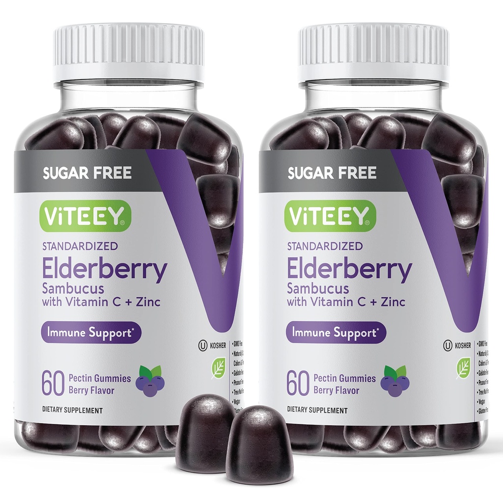 VITEEY Sambucus Elderberry Gummies para Adultos e Adolescentes + Zinco e Vitamina C - Açúcar grátis - Suporte Imune & Booster Suplemento de ervas - Vegan, Sem glúten, Gelatina livre, GMO grátis, Chewable Berry Flavored