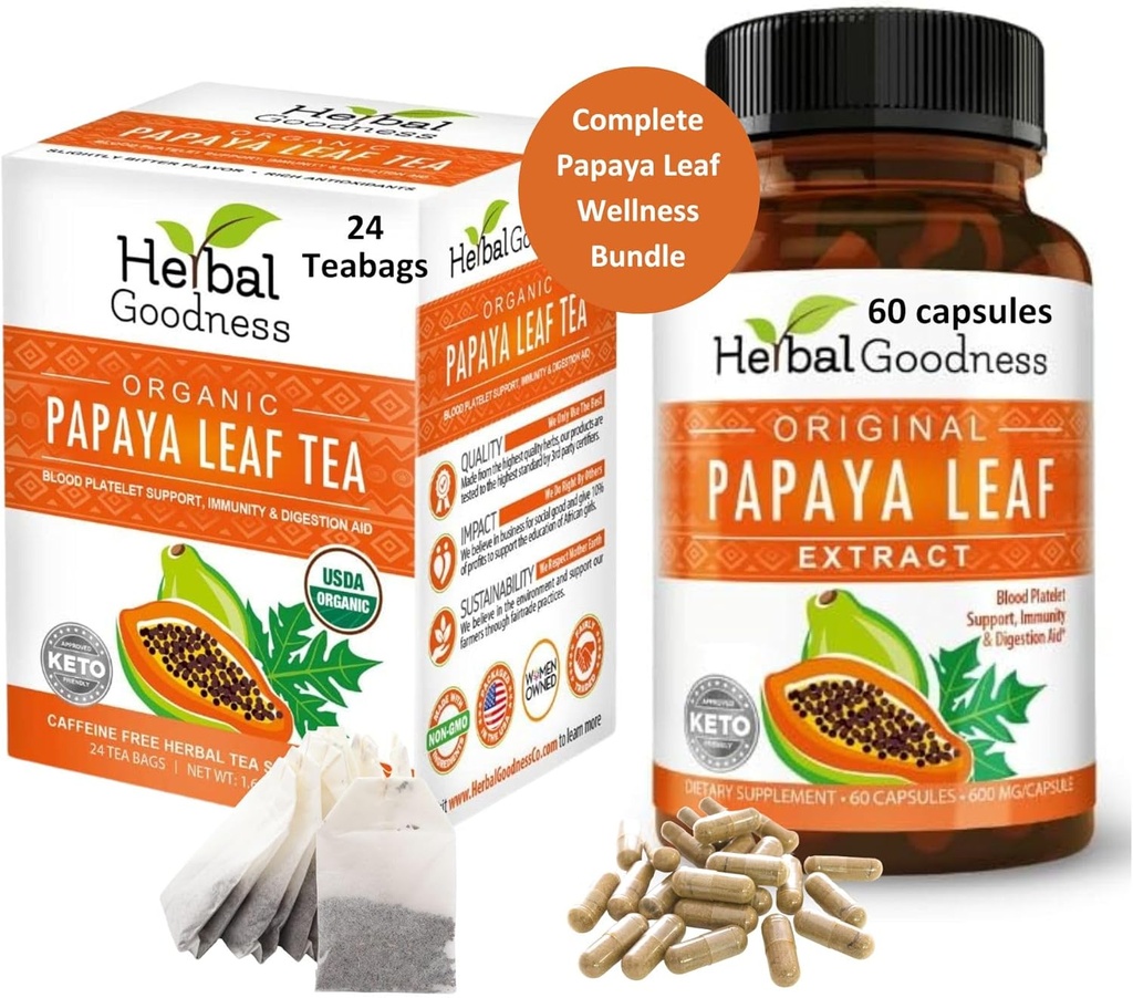 Papaya Leaf Extract Cápsula e Papaya Leaf Tea Bundle - Suporte Completamente Imune Saúde e Bem-Estar Digestivo