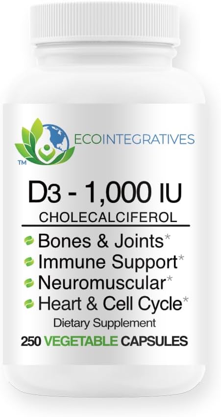 Vitamina D3-1000 UI 25 mcg (Cholecalciferol) Suporte hipoalergénico para músculos, ossos e dentes, mama, próstata, cardiovascular, Colon & Imune Health (250 Cápsulas Veggie)