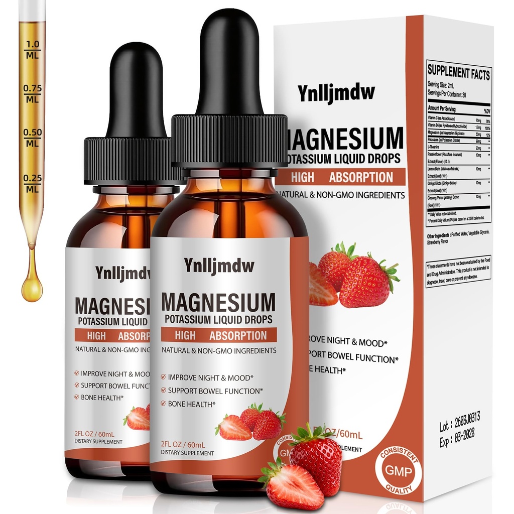 Drops Líquidos de Glicenato de Magnésio, 1000 mg Suplemento Líquido de Magnésio com Bromelaína, Vitamina B6 C D, Complexo de Magnésio de Alta Absorção para Noite, Apoio Músculo e Energia, 2 Fl Oz (Pacote de 2)