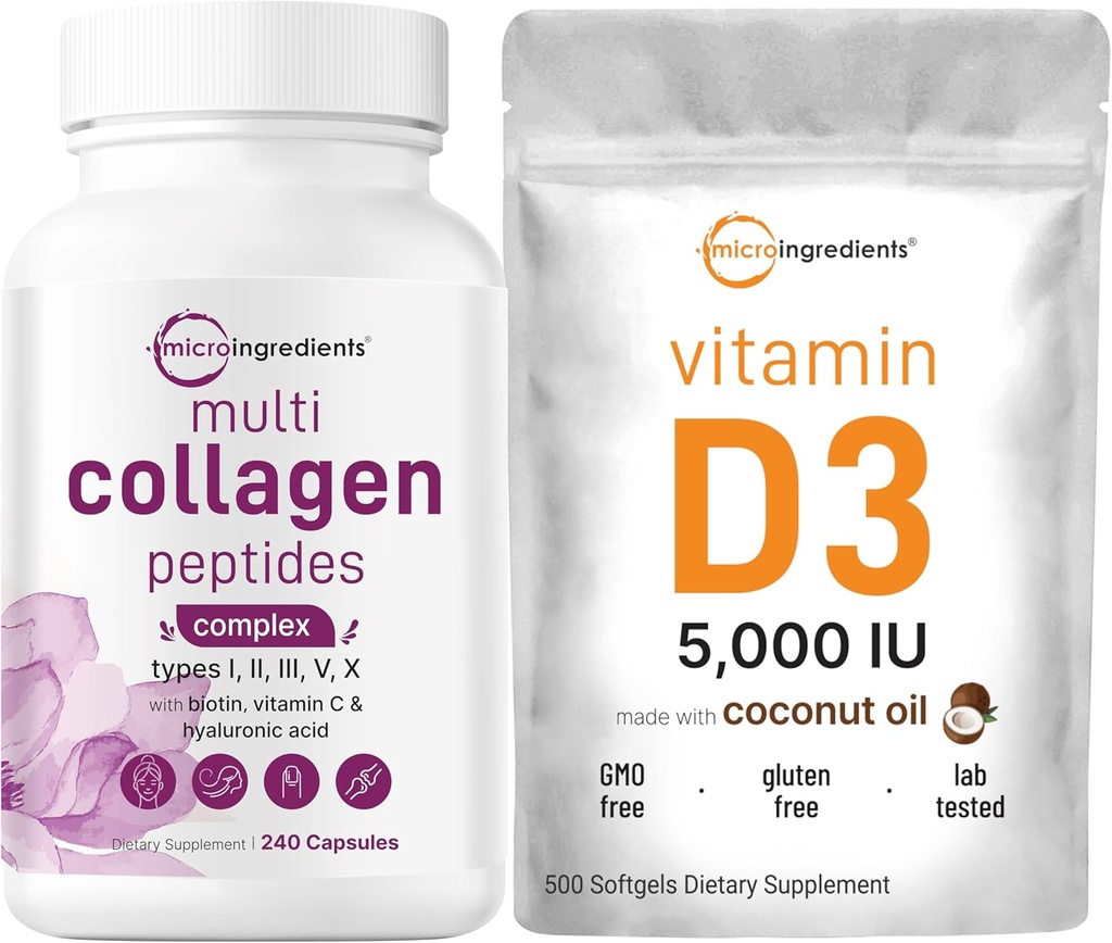 Micro Ingredientes Pílulas de Colágeno Multi & Vitamina D3 5.000 UI Pacote de Colheres de Colágeno de Grama