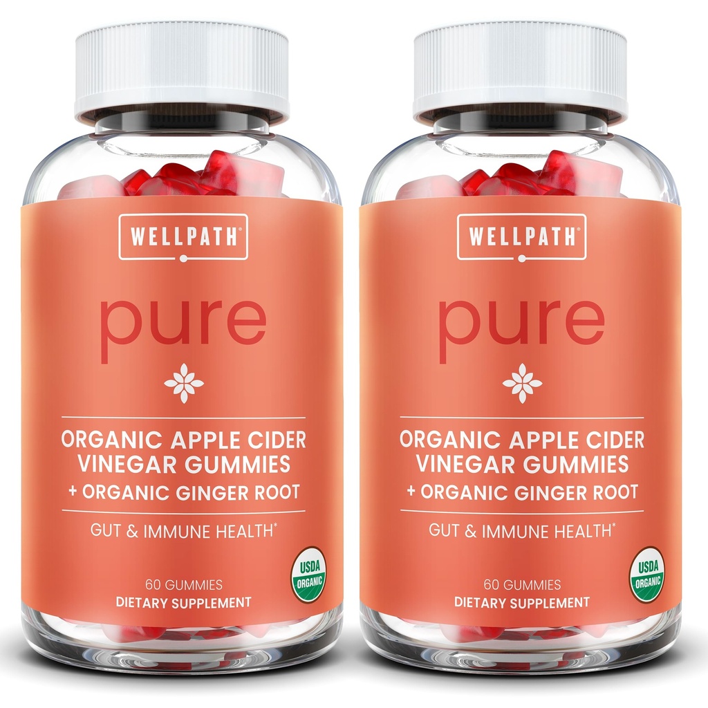 WellPath Pure ACV Gummies (2 Pack) - Apple Cider Vinagre com Mãe - USDA Orgânica Gummy com Ginger para Gut Health □ Vegan, Non-GMO, 120 Ct
