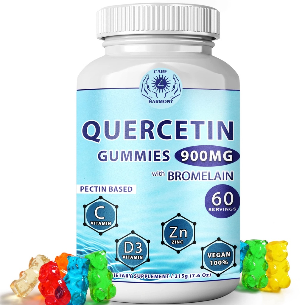 Quercetin Gummies - Quercetin com Bromelain Vitamina C + Zinc Vitamina D3 – Chewable Quercetin 900mg Suplementos - Quercetin para Crianças e Adultos (1)