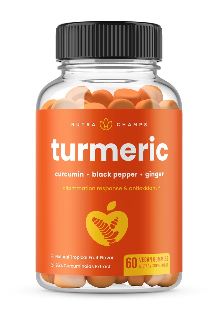 NutraChamps Gummies Turmeric para adultos e crianças com extrato de gengibre e pimenta preta, 95% Curcuminoides, Vegan Natural Curcumin suplemento conjunto de apoio, Suplementos Tumeric Gummy