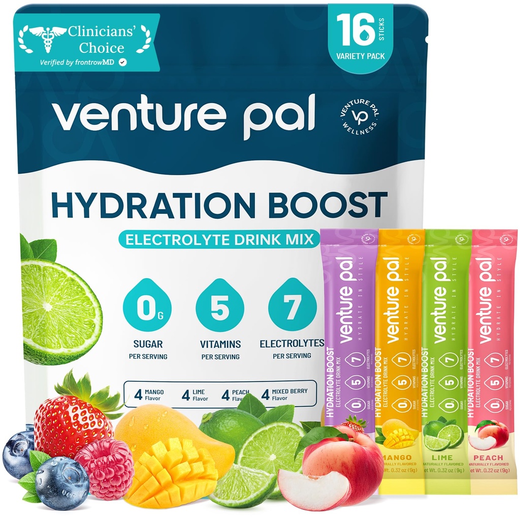 Venture Pal Sugar Free Electrolyte Powder Packets - Liquid Daily IV Hydration Packets □ Eletrolytes Drink Misture with 5 Vitaminas & 7 Eletrolytes □ Keto Friendly