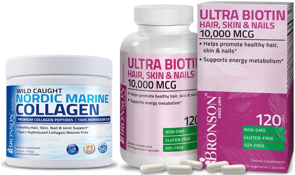 Bronson Marine Colágeno Peptídeos Hidrolisado Proteína Pó + Ultra Biotin 10.000 Mcg Pele e unhas Suplemento