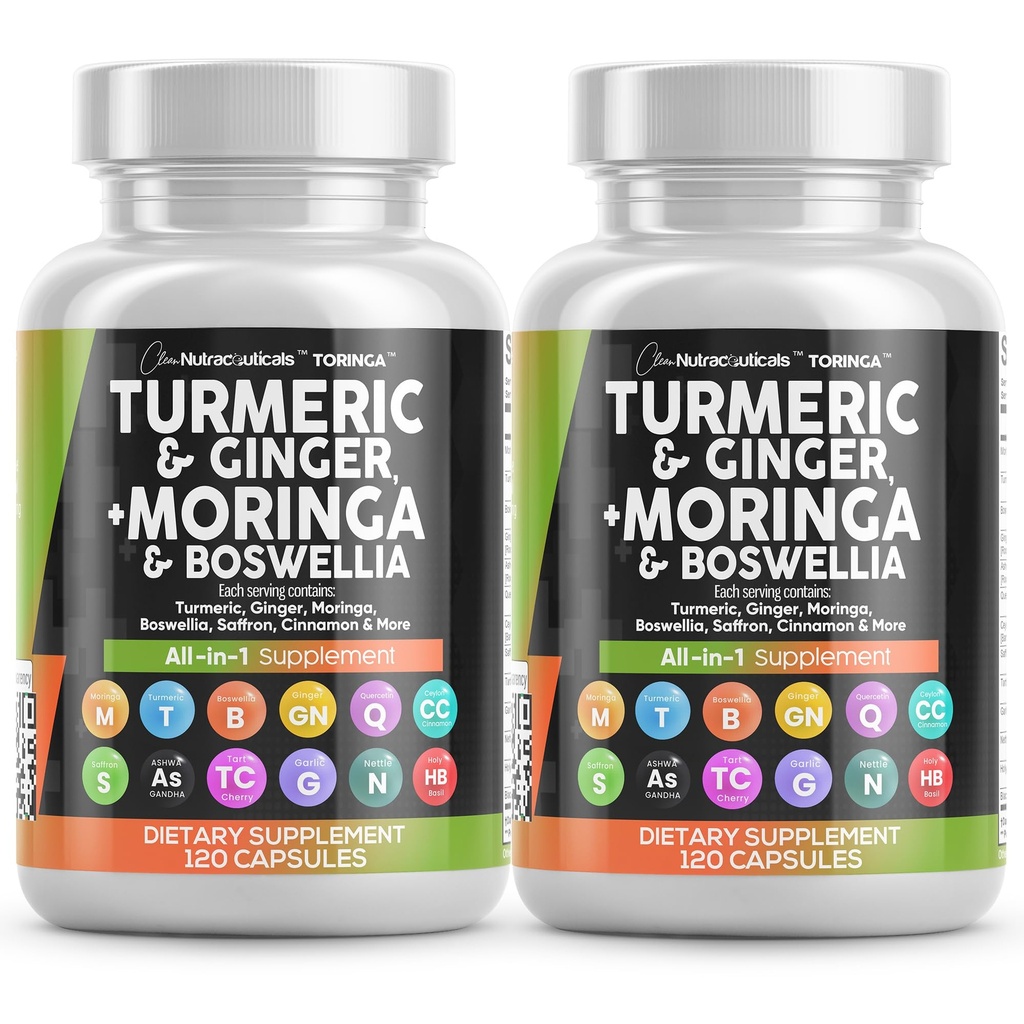 Suplemento Moringa Açafrão de gengibre Boswellia - Suplemento para Mulheres e Homens com Ceilão Canela, Cereja de Tart, Quercetin Garlic Nettle Holy Basil - 2Pack