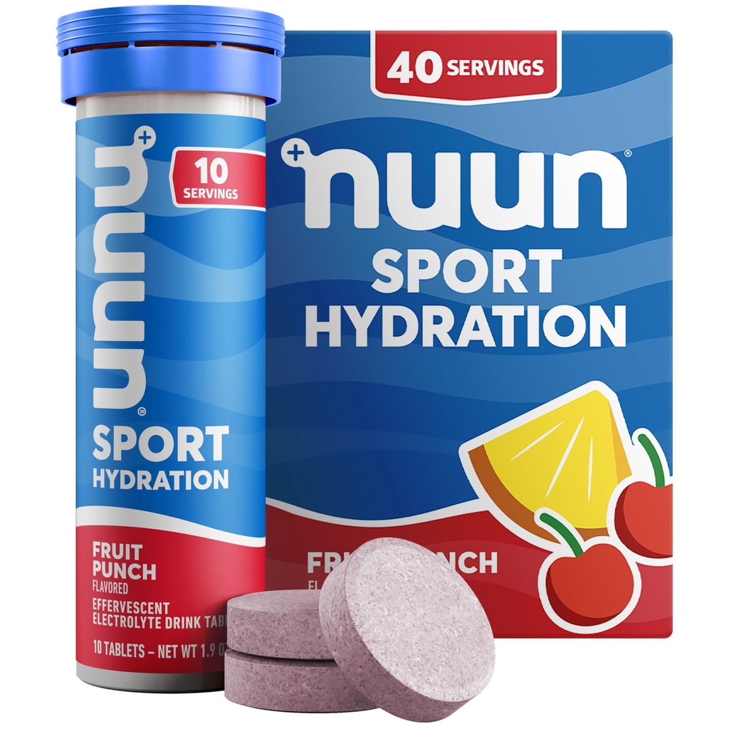 Nuun Sport Electrolyte Tablets com magnésio, cálcio, potássio, cloro e sódio, Gluten Free & Vegan, Fruit Punch, 4 Pack (40 Servings Total)
