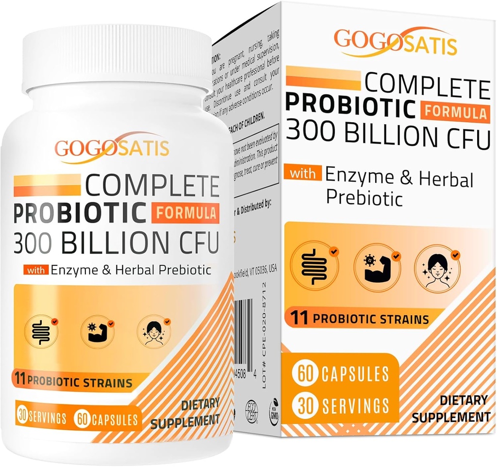 Probióticos para mulheres e homens, 300 bilhões UFC 11 Strains + Ervas orgânicas & Enzimas Digestivas, Probiótico para Saúde Digestiva, Gás & Bloating, Imune, Gut Health para Mulheres e Homens, prateleira estável, 60 Caps
