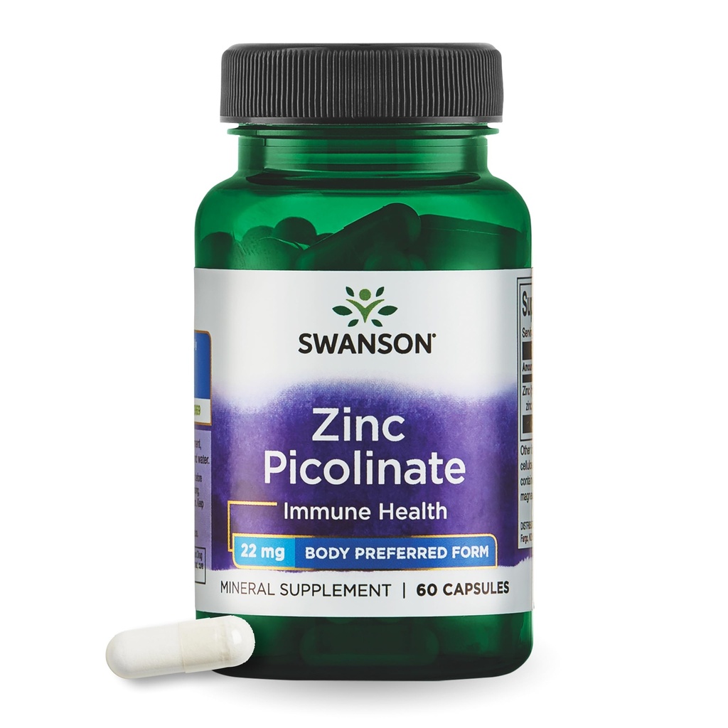 Swanson Picolinato de Zinco - Suplemento Mineral Promovendo Saúde da Próstata, Saúde da Visão, e Apoio Imune - Corpo preferido de Zinco Quelado - (60 Cápsulas, 22mg Cada)