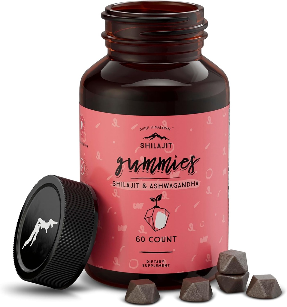 Puro Himalayan Shilajit Gummies, Livre de Açúcar, 85+ Trace Minerals & Fulvic Acid for Energy, Metabolismo & Apoio Imune, Shilajit para homens e mulheres, Ashwaghanda Gummies (60 Conde)