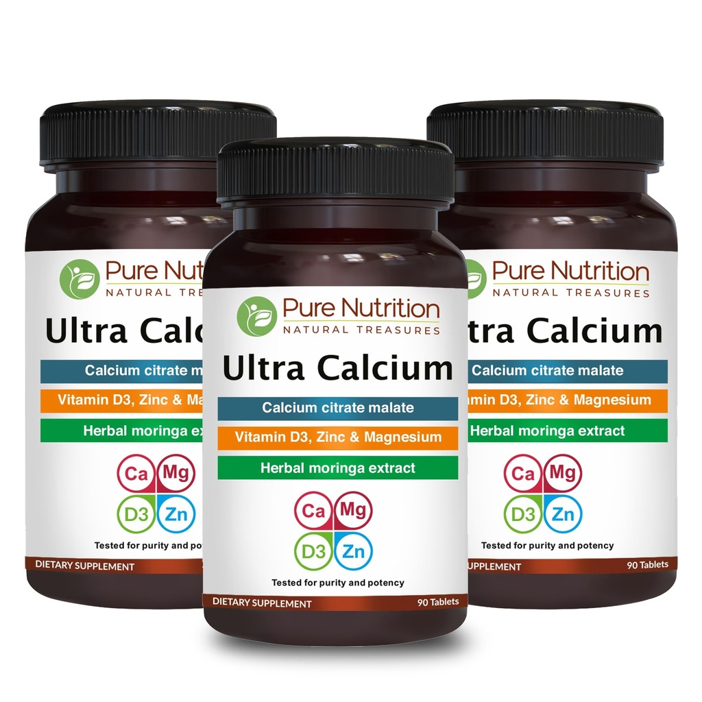 Pure Nutrition Ultra Cálcio 1000mg com VIT D3 + K2 270 Tabs (90 X Pack of 3) □ Suplemento de cálcio altamente absorvível com Citrato de cálcio Malato, VIT D3, K2, Moringa Oleifera, Magnésio e Zinco.
