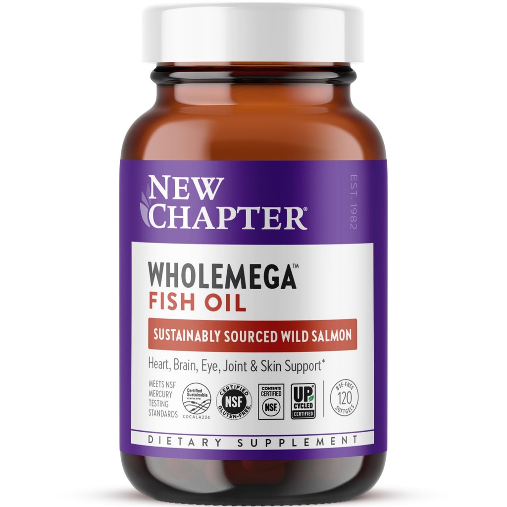 Novo capítulo Wholemega Fish Oil Supplement - 2000mg por serviço, clinicamente provado Wild Alaskan Salmon Oil com Omega-3 + Vitamina D3 + Astaxantina, 120 Softgels