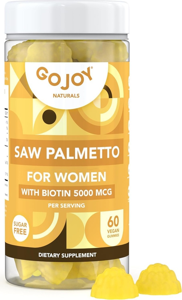 Saw Palmetto Gummies - 500mg Serra Palmetto para mulheres com 5000mcg Biotin & 10mg Zinco - Não-GMO, Açúcar, Gluten & Soy-Free, Vegan - 3rd-Party Lab Testado, Fonte de 30 dias, 60 chicletes mastigáveis