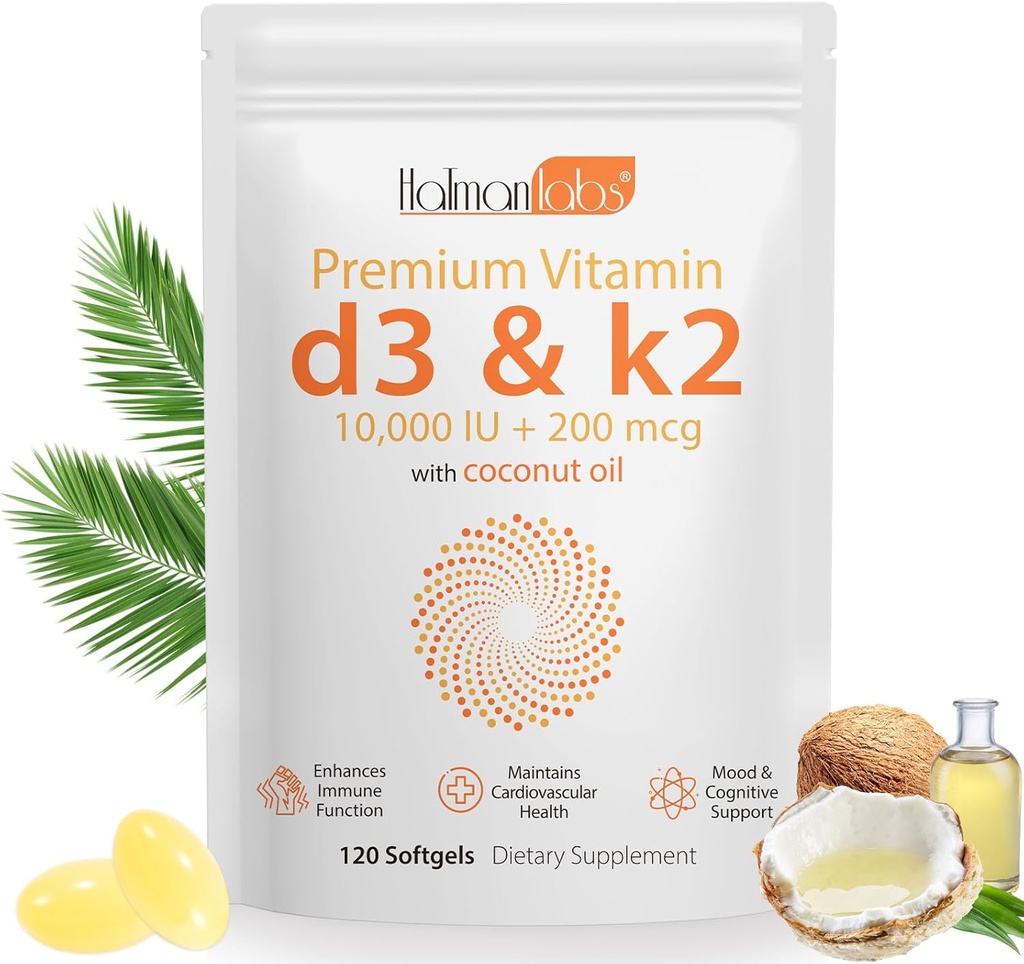 Suplemento de vitamina D3 K2 Softgel, 2-em-1 Micro Ingredientes Vitamina D3 10000 UI + 200 MCG Vitamina K2, Óleo de coco Softgels, Livre de OGM, Suplemento Softgel (120Pcs)
