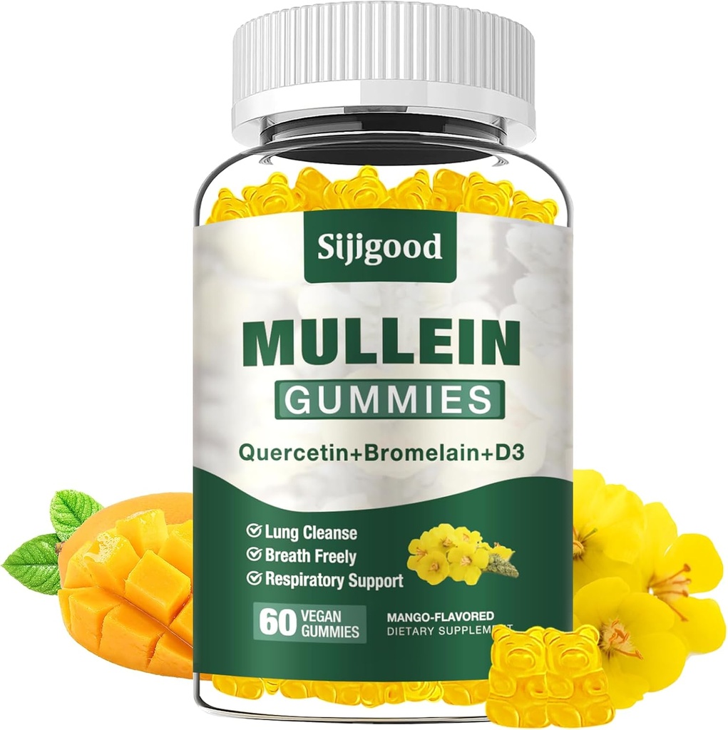 Mullein Gummies para pulmões, Mullein Leaf Extract Supplement for Digestive & Respiratory & Imune Support with Bromelain, Quercetin, Mango Flavor, 60 Count