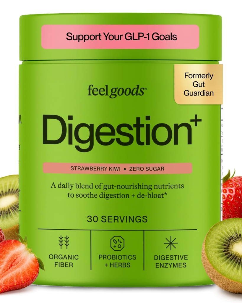 Feel Goods Gut Guardian, Fibra Orgânica, Pó Probiótico e Prebiótico, Livre de Açúcar, Ervas para Bloat, Suporte à Saúde Gut, Saúde Digestiva para Homens e Mulheres, Não OGM, Vegan, Morangueiro Kiwi, 30 Servings