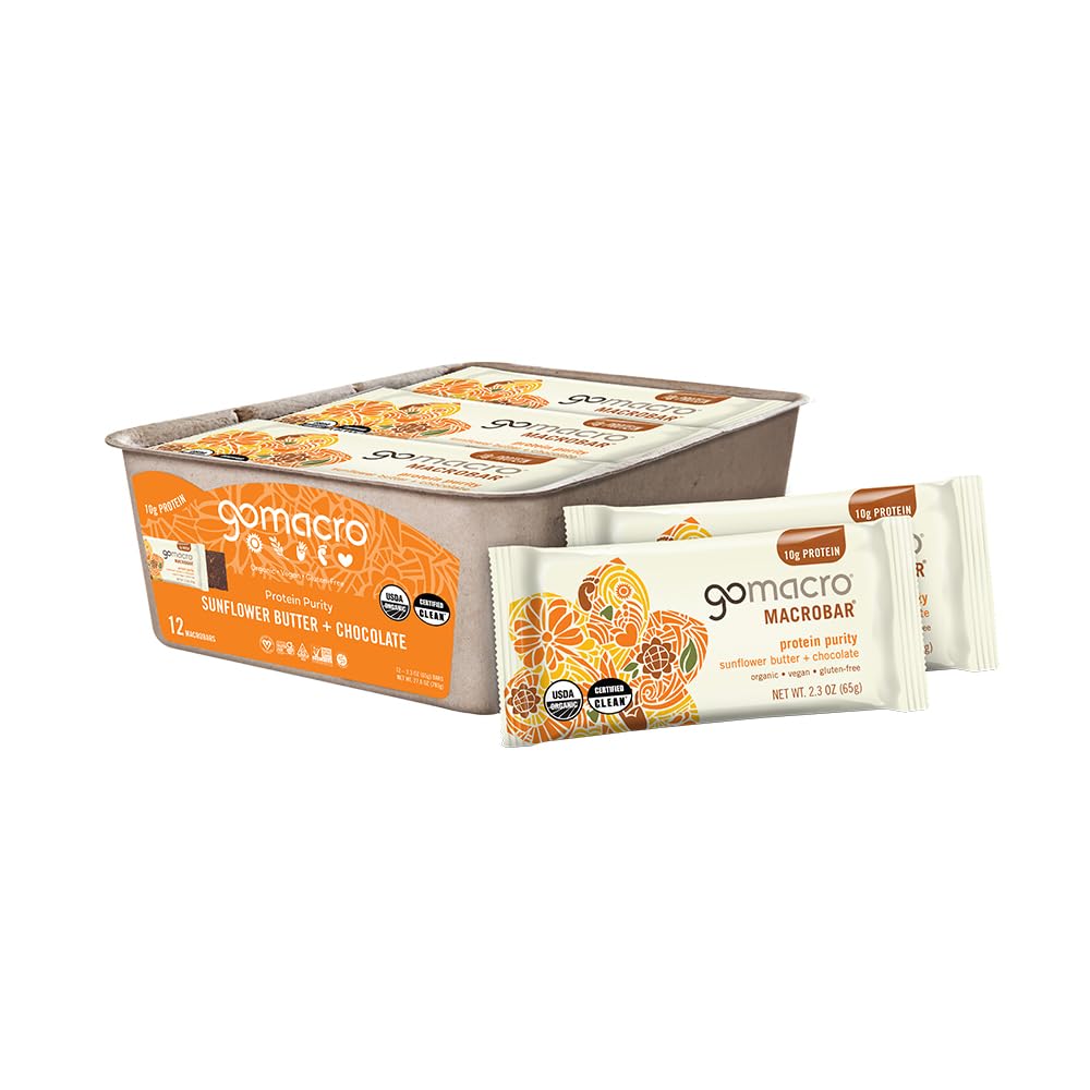 GoMacro MacroBar Orgânico Vegan Protein Bares - Manteiga de girassol + Chocolate (2.3 Onça Bares, 12 Contagem