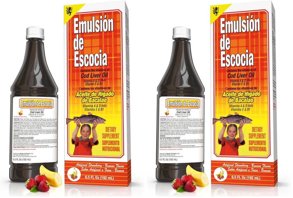 EMULSÃO DE ESCOCIA Morangueiro/Banana 6.5 Oz. Óleo de fígado de bacalhau (Pacote de 2)