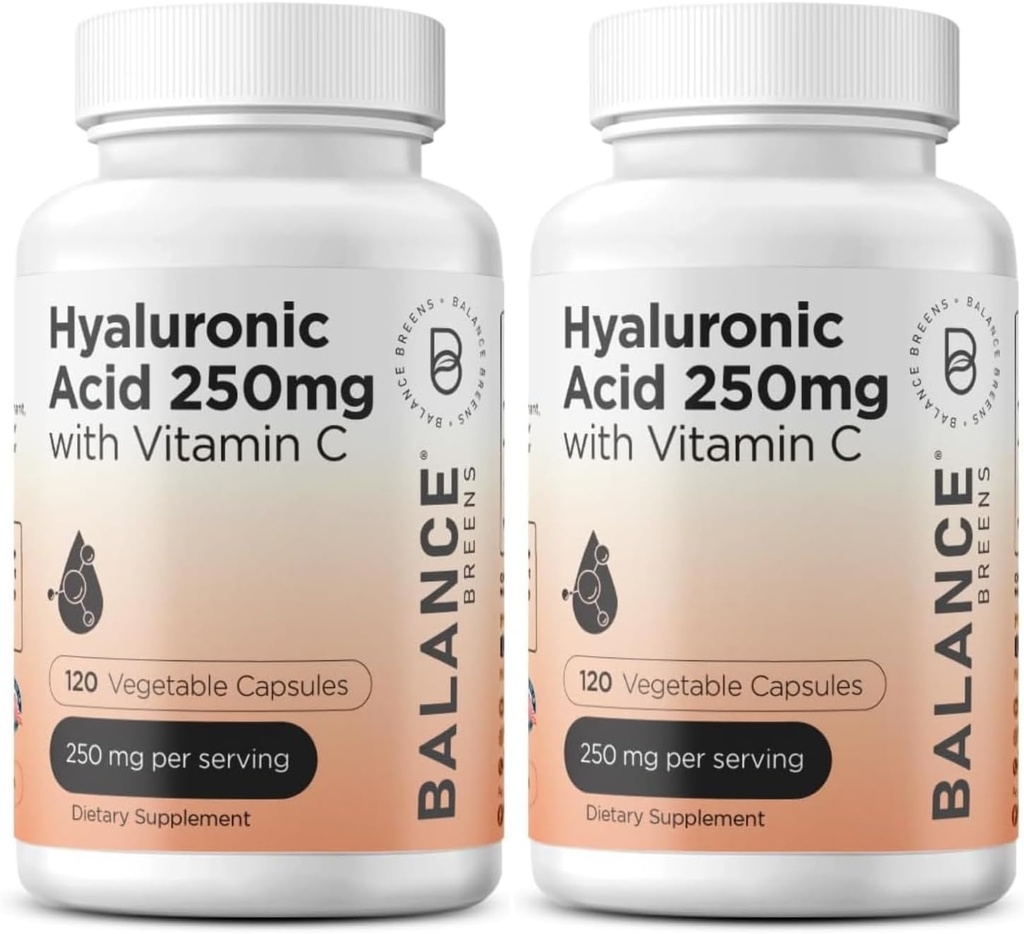 Puro ácido hialurônico Suplemento 250mg com vitamina C 50mg, 120 cápsulas Vegan - Hidratação da pele para brilho natural, Cabelo, unhas, Óssea & Fórmula de saúde conjunta