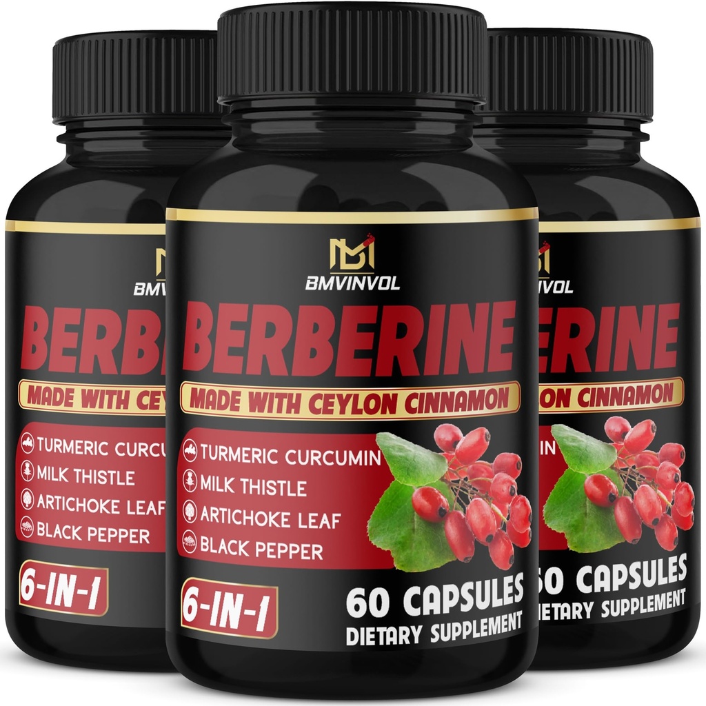 (3 embalagens) Berberine Suplemento Mais Ceilão Canela, Cardo de Leite, Alcachofra Folha, Peppe Preto - 6 Mês de Abastecimento - 180 Cápsulas Total