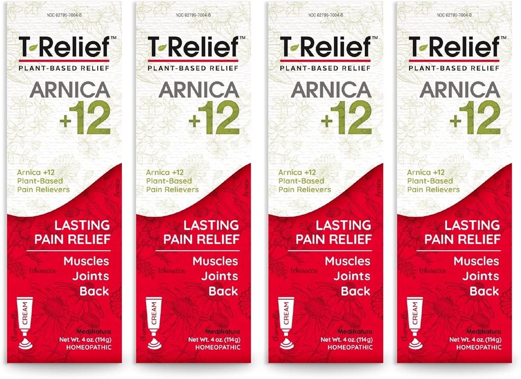 T-Alívio Arnica +12 Creme Ativo de alívio natural para dor nas costas Dor muscular dores e rigidez, todo o corpo rápido agindo alívio para mulheres e homens - 4 oz (4 Pack)