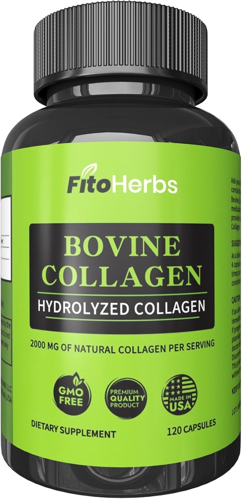 Cápsulas de Colágeno Bovino Vegan - Suplementos poderosos para homens e mulheres - Suplemento de Peptídeos de Colágeno Bovino Hidrolisado para Joint, Nerve & Bone Support - Fed grama, Não-GMO - 120 Cápsulas
