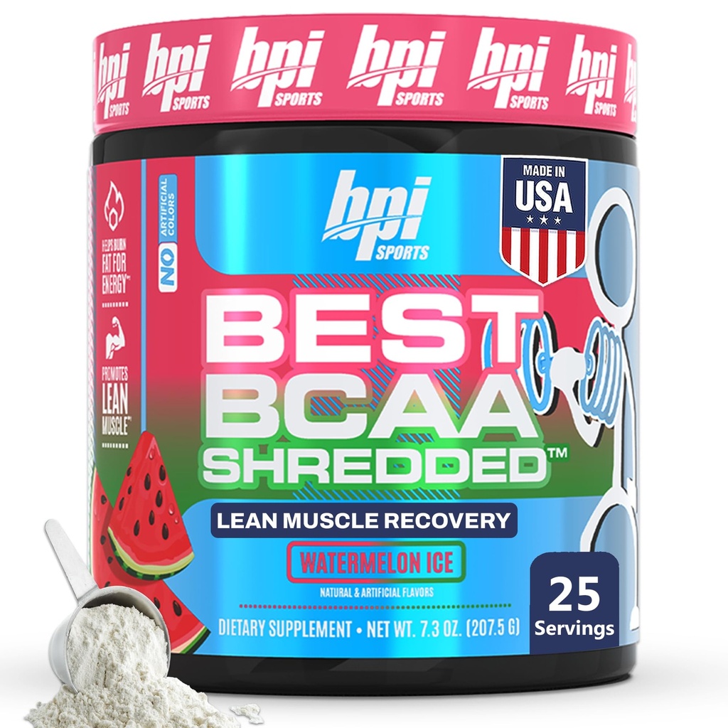 BPI Sports Best BCAA Shreded - Cafeína Free Thermogenic Recovery Drink, Lean Muscle Building BCAA Pó para Mulheres e Homens, Pré-treino BCAAs Amino Acids Drink- Melancia ICE - 25 Servings