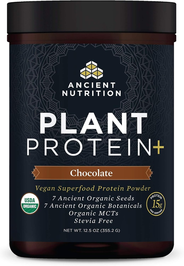 Nutrição antiga proteína baseada em plantas em pó, Proteínas vegetais+, Chocolate, Suplemento de Superalimentos Vegan Orgânicos, 15g de proteína por serviço, Gluten Free, Paleo Friendly 12 Servindo