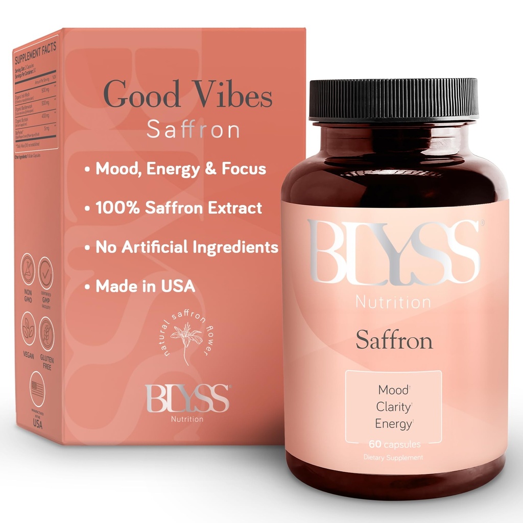 Suplementos de açafrão – Pills Extrato de açafrão para mulheres – Suporte Mood, Energia Boost, PMS, Clareza Mental & Metabolismo - Não-GMO, Glúten Grátis, 60 Cápsulas Vegan