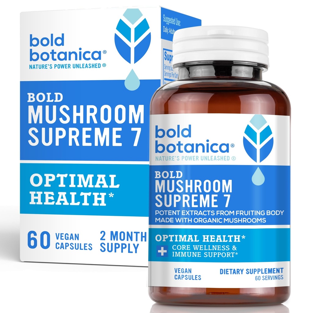 Bold Botanica Mushroom Supreme 7 – Suplemento de Cogumelo – Extratos Orgânicos de Turkey Tail, Chaga, Phellinus, Reishi, Cordyceps, Maitake, Shiitake para Imune Support & Optimal Wellness, 60 Caps