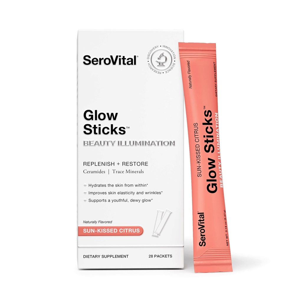 Serovital Glow Sticks Bebida em pó sem açúcar Misture com ácido hialurônico Ceramidas Eletrólitos para hidratação da pele em 14 dias sabor Citrus Kissed Sol 28 pacotes