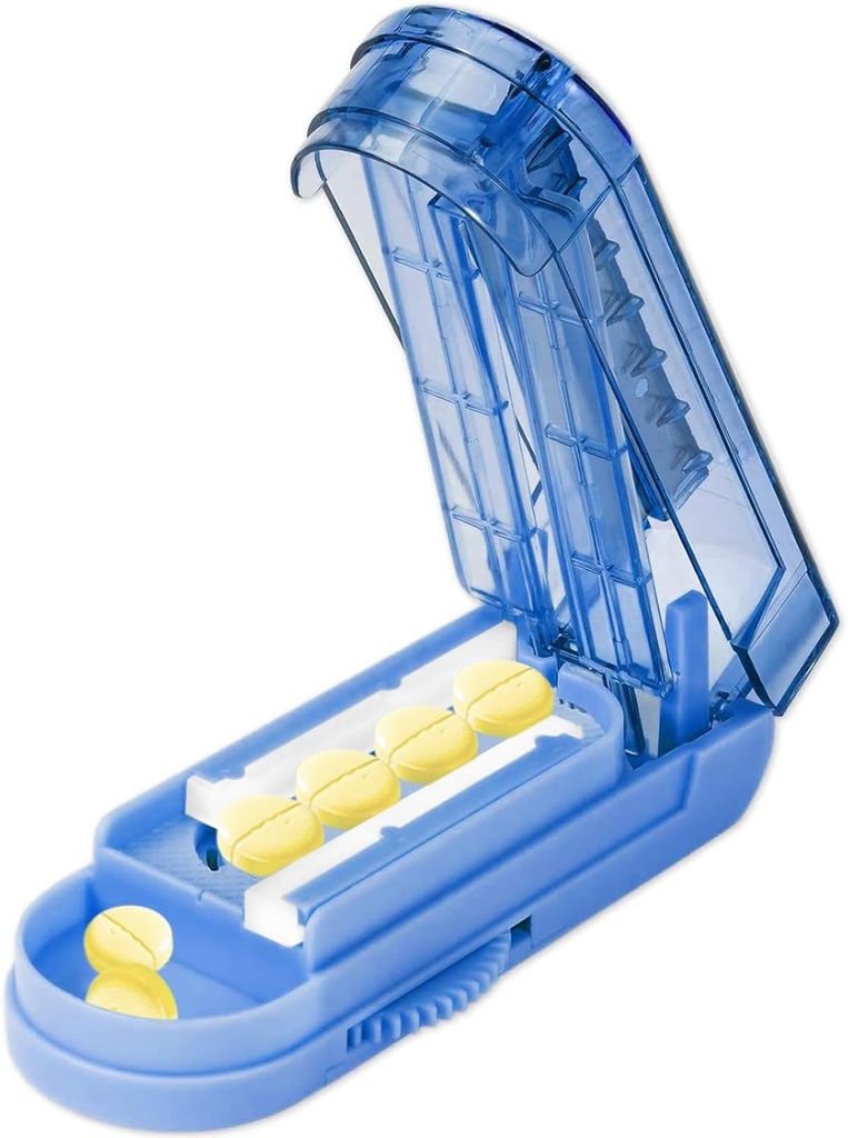 Divisor do cortador do comprimido para comprimidos pequenos e minúsculos, separador ajustável do comprimido corta com precisão várias pílulas ao mesmo tempo. Lâmina afiada com guarda de segurança. (Klein Azul)