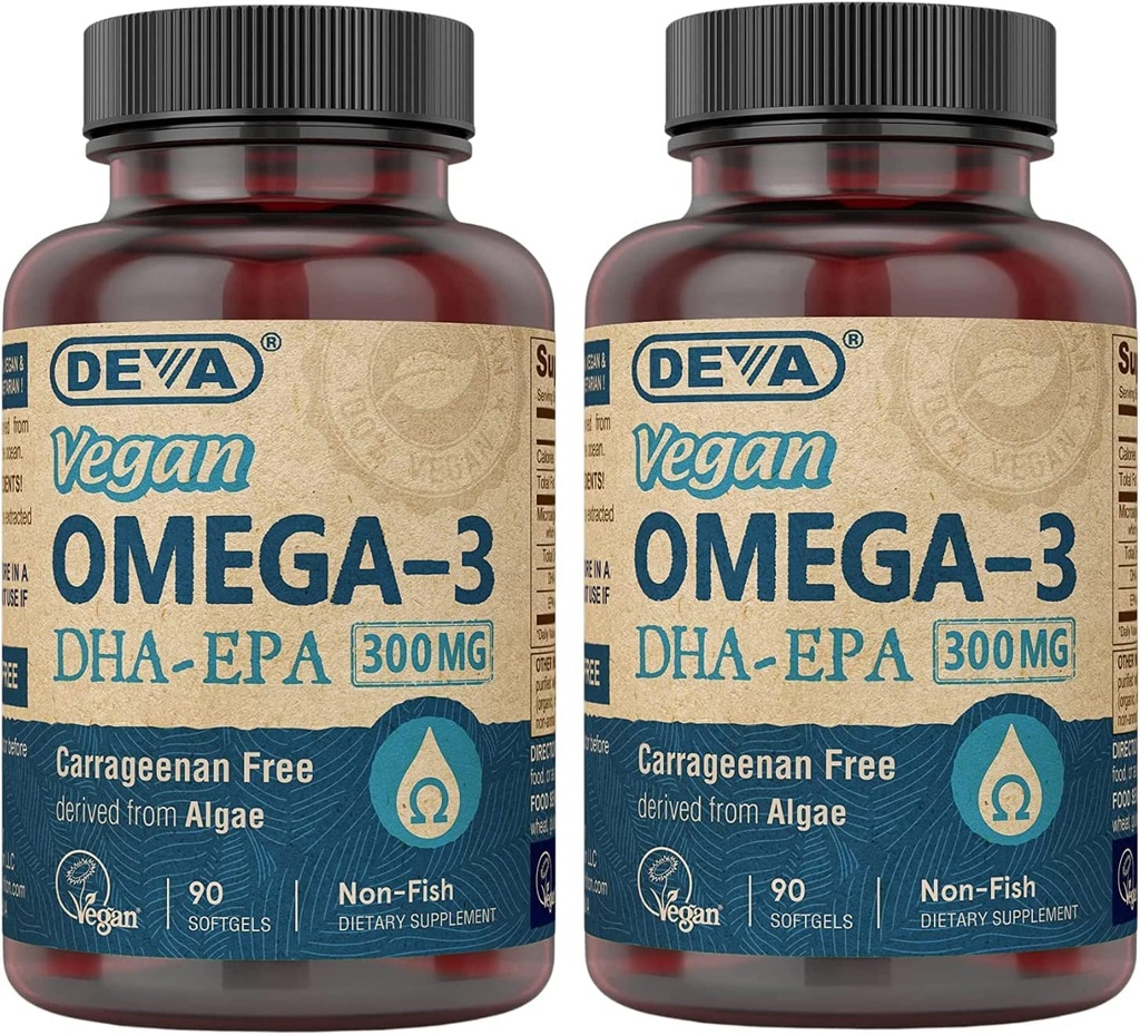 DEVA Vegan DHA-EPA Nutritional Supplement, Non-Fish Derived from Algae, 300 mg Potência, 90 Vegetarian Softgels - Pack of 2